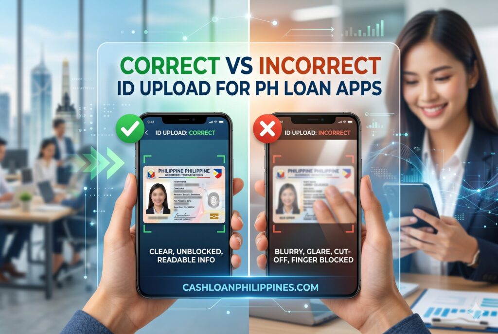 Comparison of blurry cropped ID upload versus clear properly aligned ID submission for online loan verification