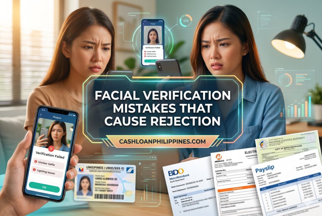Examples of glasses glare, poor lighting, and beauty filter problems during loan app selfie verification