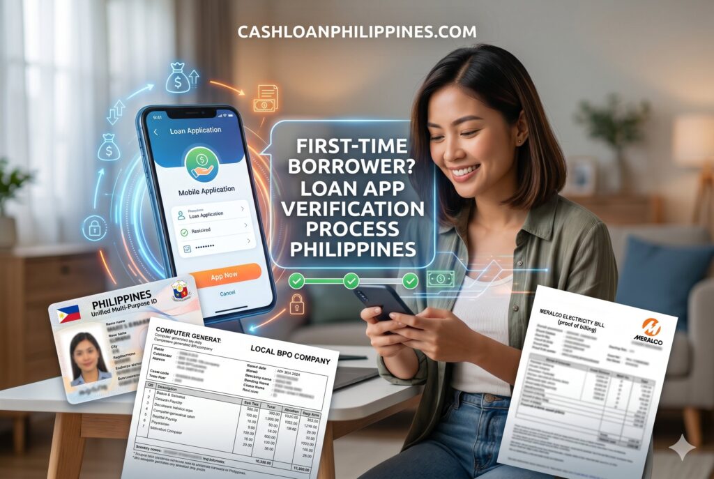 Filipino first-time borrower completing mobile loan app identity verification and selfie KYC process