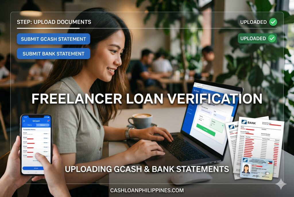 Freelancer in the Philippines preparing GCash transaction history and bank statements for digital loan app verification