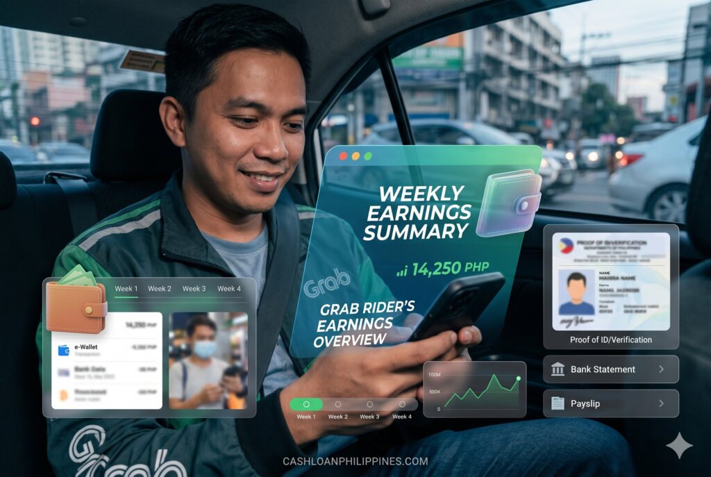 Grab delivery rider in the Philippines checking weekly income summary for loan app requirements
