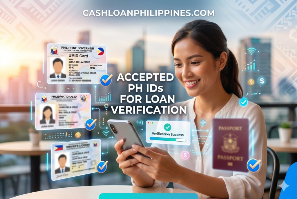 Valid IDs commonly accepted by Philippine loan apps including PhilSys ID, UMID, passport, and driver's license