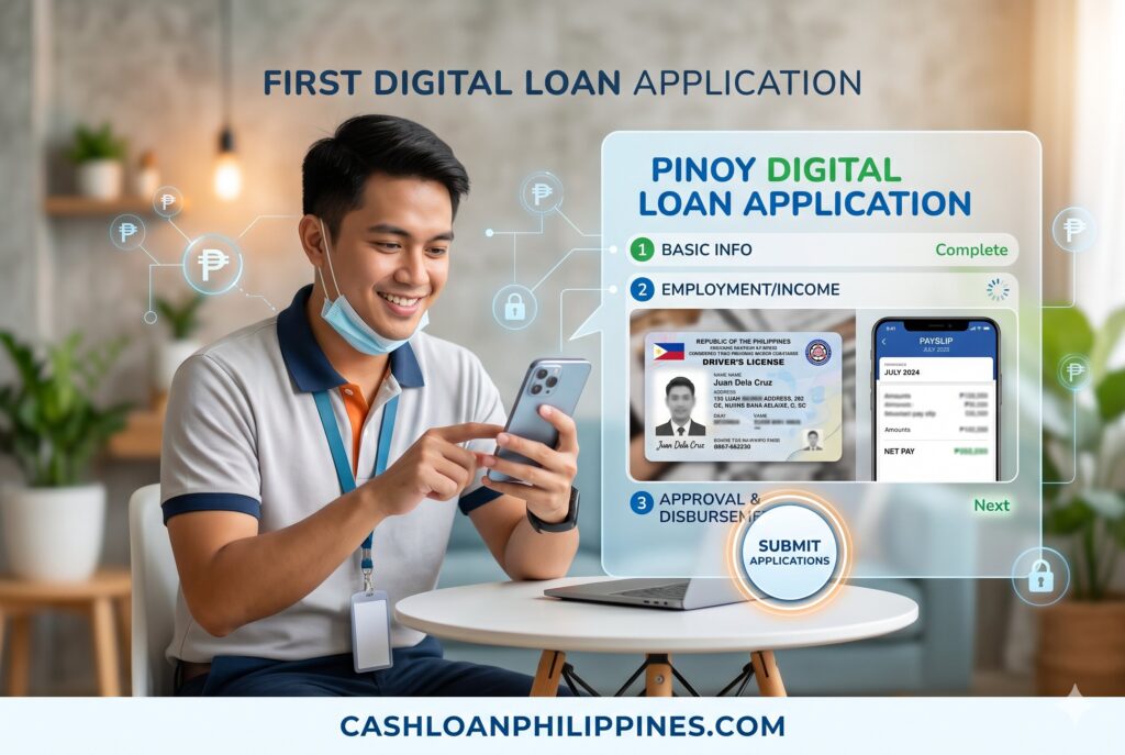 Young Filipino employee using smartphone loan app with digital wallet and valid ID beside laptop"
