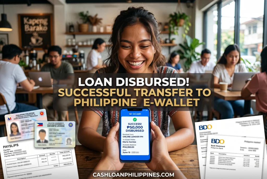Successful digital loan disbursement notification on a smartphone showing GCash and Maya e-wallet transfer options
