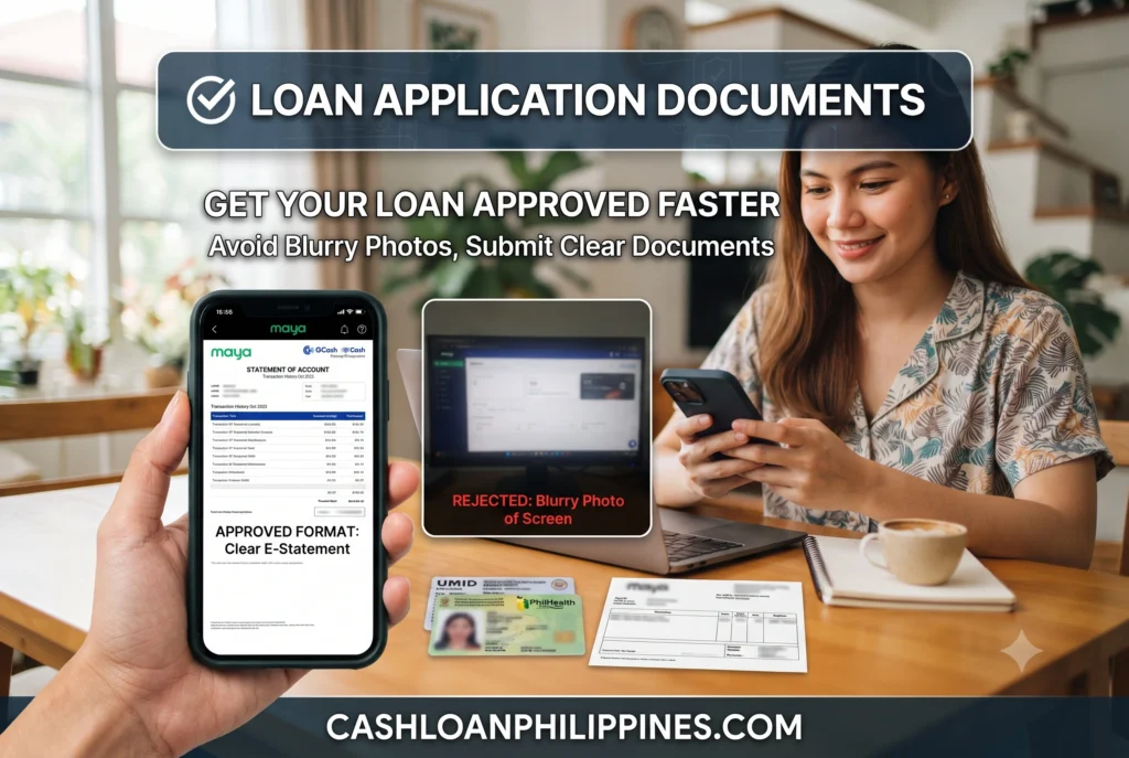 Comparison of an acceptable native PDF document versus a rejected blurry screenshot for Philippine online loan applications