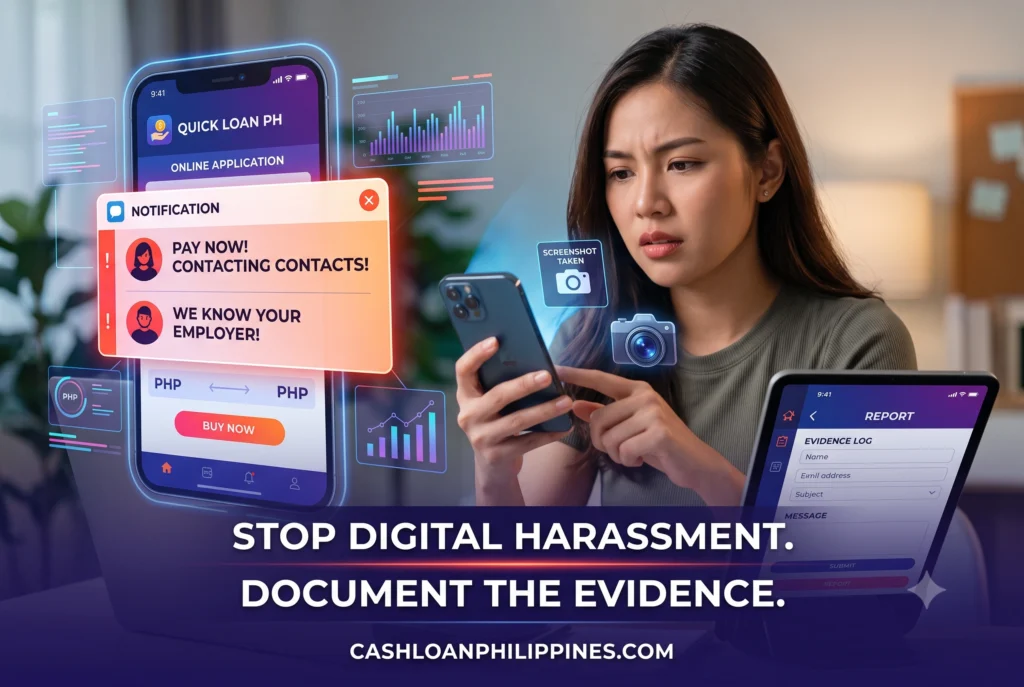 A smartphone displaying a timeline of abusive text messages with personal details redacted, showing how to document evidence for the SEC.