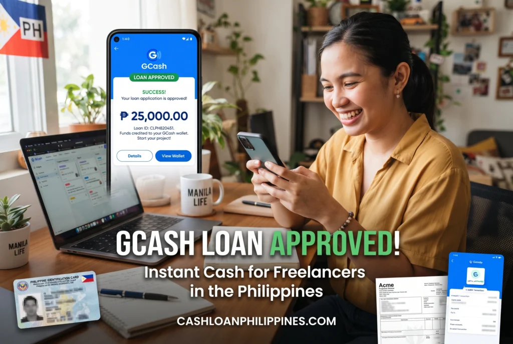 Freelancer receiving an instant online loan approval notification and digital disbursement to an e-wallet