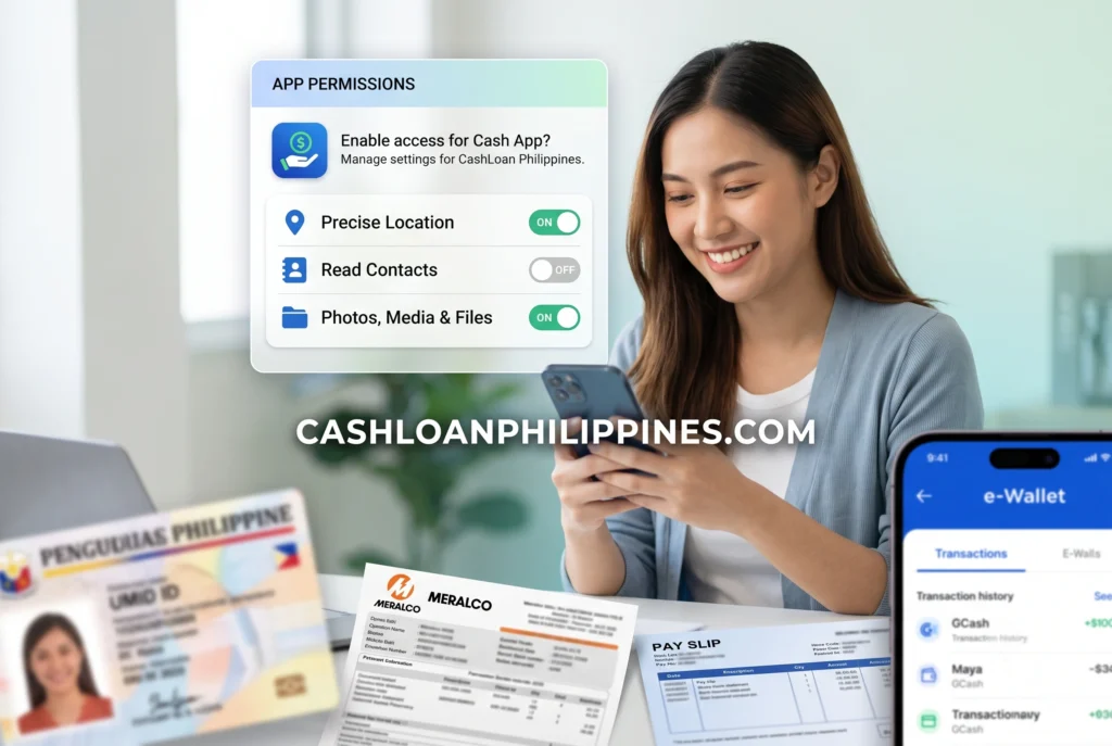 Smartphone screen displaying lending app permission requests for device metadata extraction to enable alternative credit scoring.