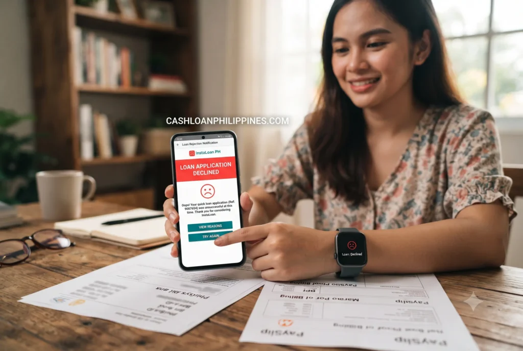 Smartphone screen showing an instant algorithmic rejection notification from a Philippine lending app