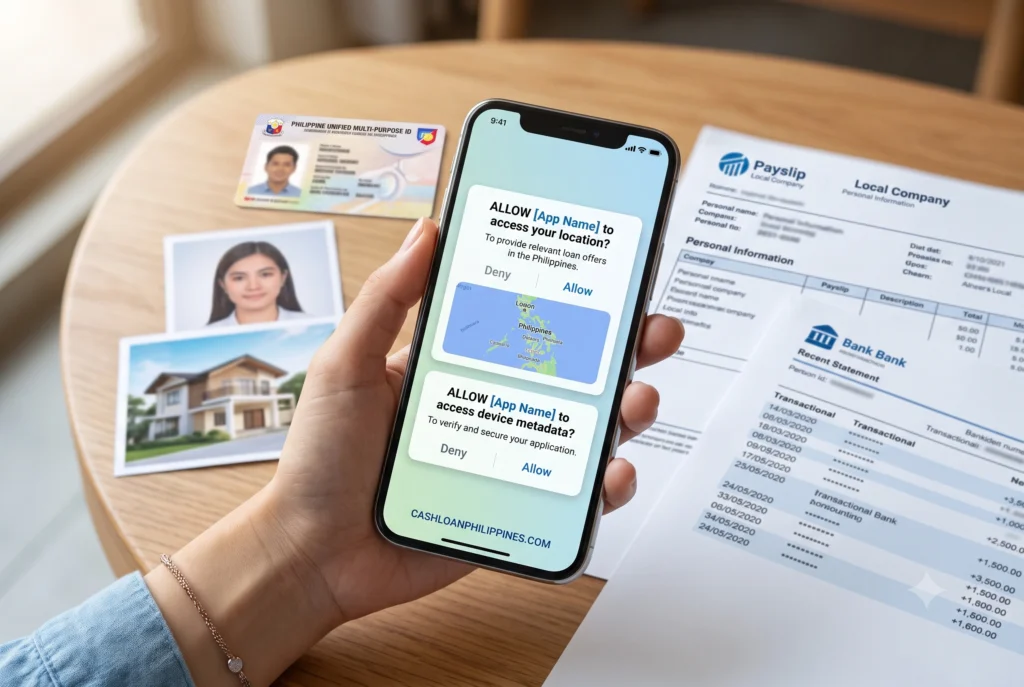 A realistic smartphone screen capture displaying a loan application permission request for device metadata and location services in the Philippines.