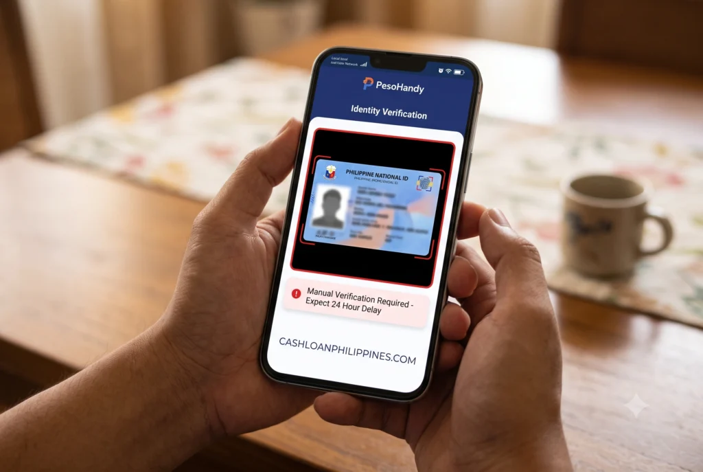 A first-person smartphone screenshot of a popular lending app's e-KYC screen, showing a red error box around a blurred Philippine National ID with a prompt reading "Manual Verification Required - Expect 24 Hour Delay". A realistic smartphone UI screenshot showing an e-KYC failure on a digital lending app due to a blurred ID, triggering a manual review warning.