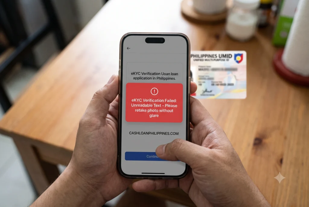 A smartphone screen showing an eKYC verification failure on a loan app due to lighting glare on a UMID card, demonstrating a common application friction point.