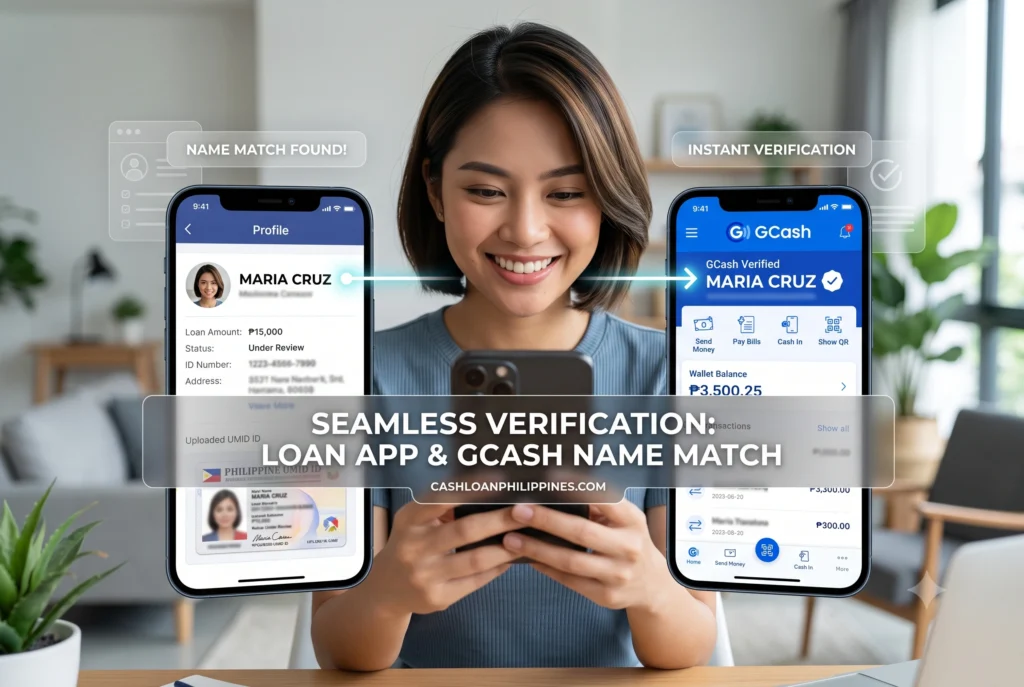 Side-by-side smartphone interface comparison showing an exact name match between a digital loan application profile and a fully verified GCash account.