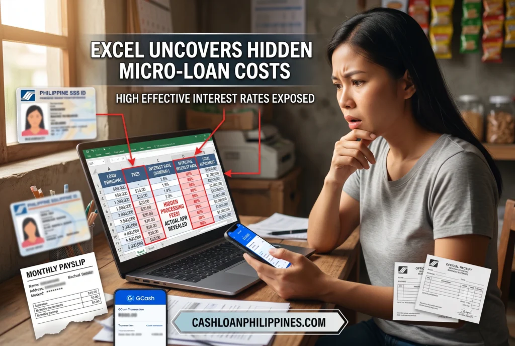 An Excel spreadsheet calculation revealing the hidden processing fees and high effective interest rates of Philippine micro-loans.