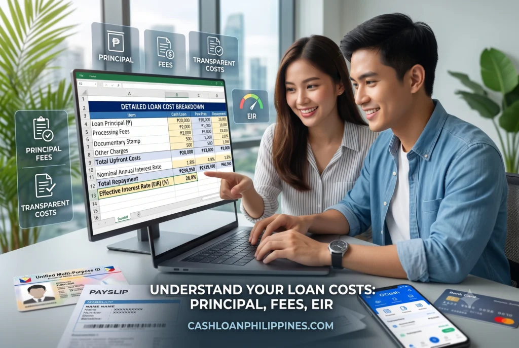 Excel spreadsheet showing a clear breakdown of a loan's Effective Interest Rate A realistic Excel spreadsheet calculation breaking down a loan's principal, processing fees, and Effective Interest Rate to demonstrate transparent lending costs.