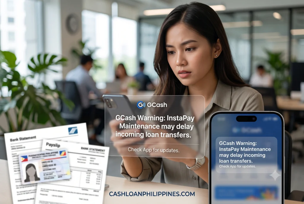 A realistic blurred smartphone UI showing a text message from GCash warning a user about InstaPay API maintenance delaying incoming loan transfers.