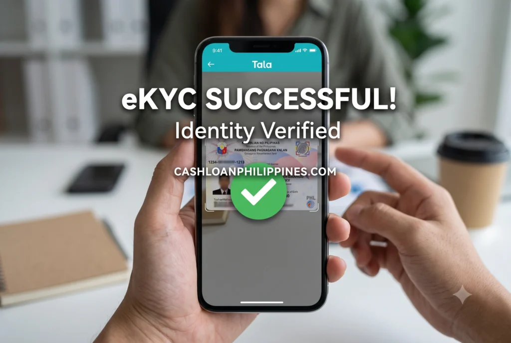 First-person UI screenshot of Tala loan app successfully scanning a Philippine National ID using automated eKYC verification.