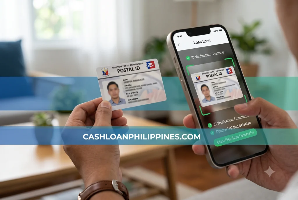 Hands holding a Philippine Postal ID in front of a smartphone camera to demonstrate glare-free ID scanning for loan apps.