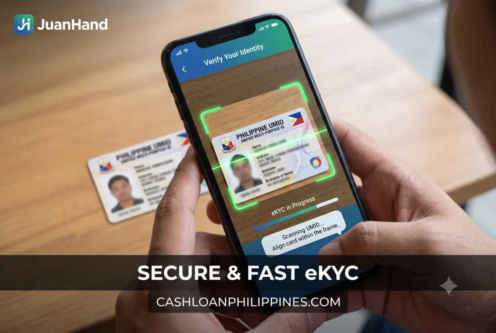 A first-person smartphone screenshot of a fast approval loan app scanning a UMID card, with personal details blurred to show the automated KYC process in the Philippines.