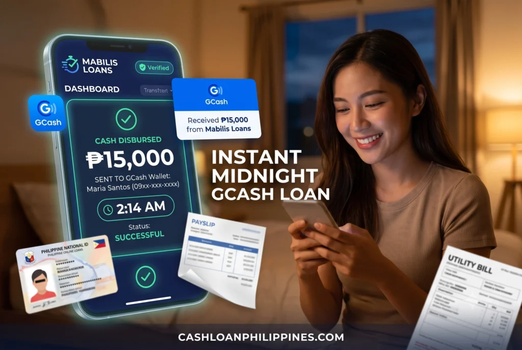 A close-up view of a digital loan dashboard showing a successful disbursement notification timestamped at 2:14 AM, with the funds routed directly to a connected GCash account. Screenshot of a verified loan app dashboard displaying a real-time midnight cash disbursement timestamped 2:14 AM sent directly to a GCash wallet.