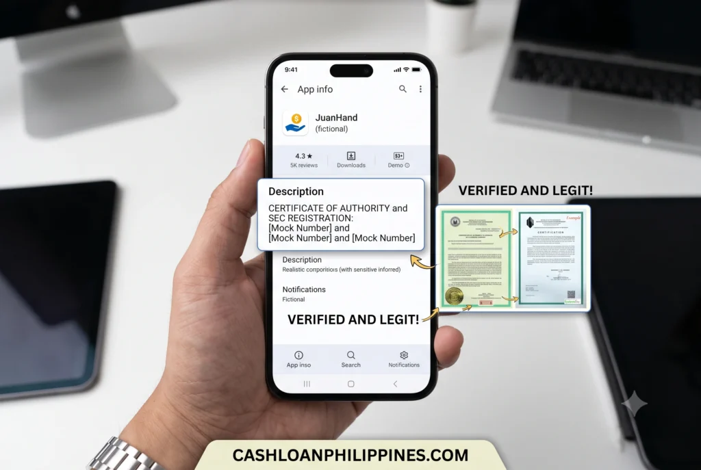 Smartphone UI screenshot showing a loan app's Play Store description First-person smartphone screenshot highlighting the Certificate of Authority and SEC Registration number clearly displayed in a legitimate loan app's description box.