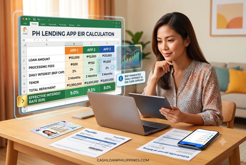 An Excel spreadsheet calculating the Effective Interest Rate (EIR) of three top Philippine lending apps, highlighting processing fees and daily interest caps mandated by the BSP.